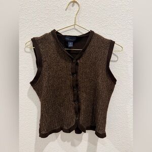 Anne Klein vintage chocolate brown merino wool herringbone ribbed sweater vest